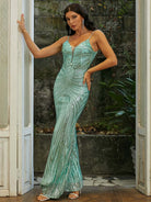 Deep V Neck Spaghetti Green Sequin Prom Dress M02188 MISS ORD