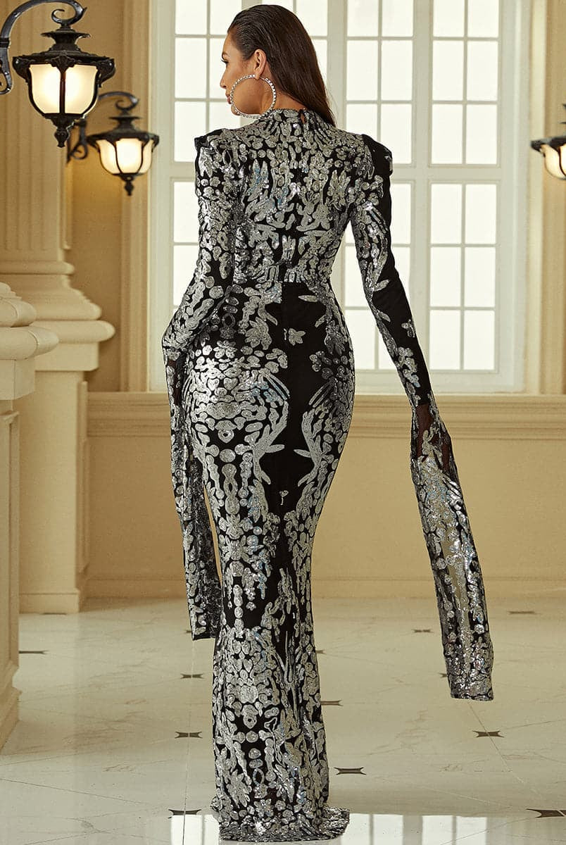 Stand Collar Long Sleeve Mermaid Hem Sequin Prom Dress XJ1262