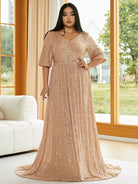 Plus Size V Neck Sequin Apricot Evening Dress PXJ2647