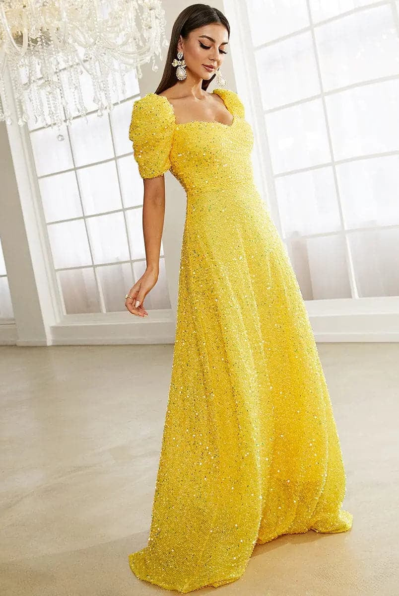 Light Yellow Floor Length Puff Sleeve Sequin Dress XJ1509