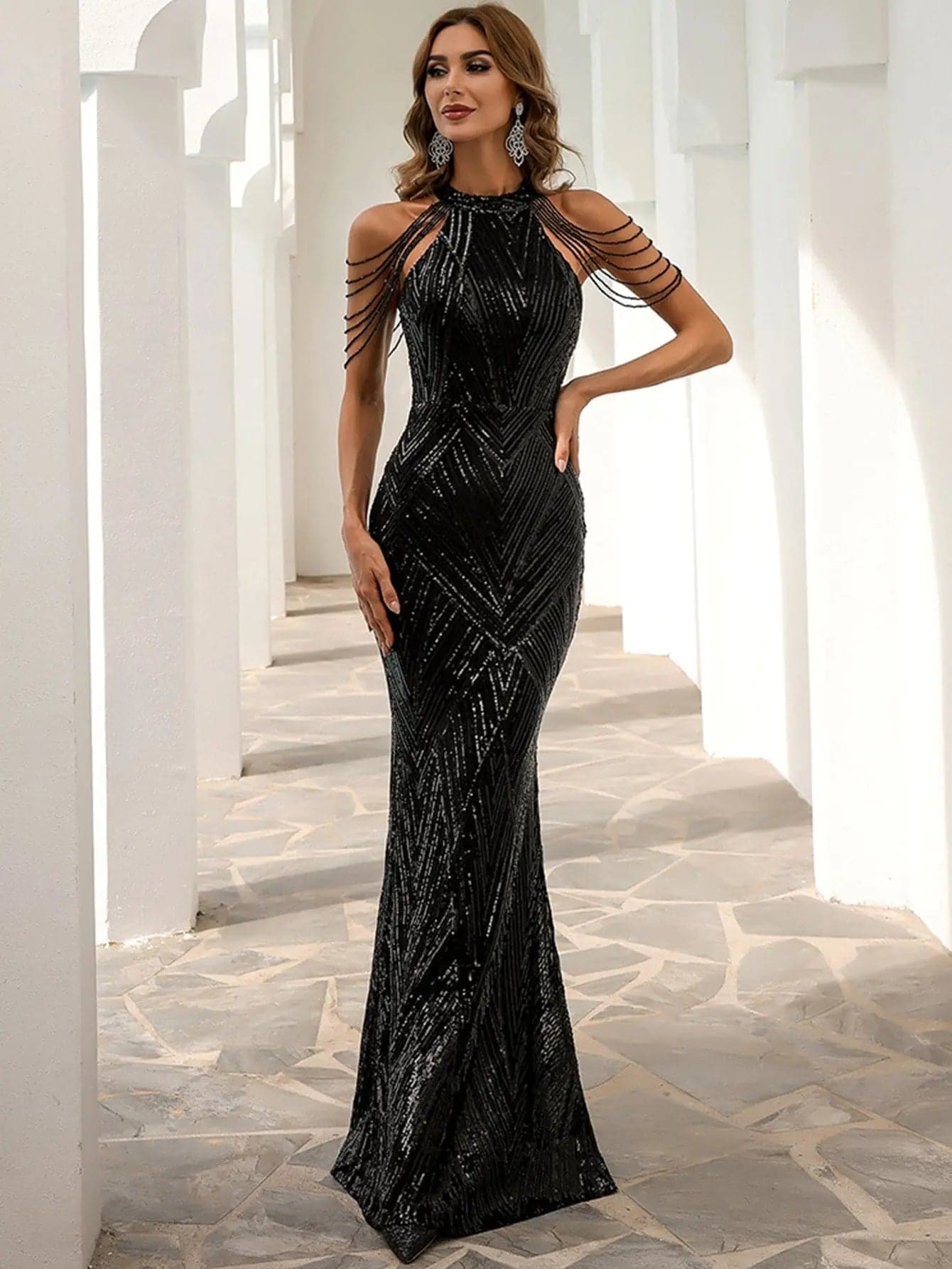 Cold Shoulder Beads Chain Elegant Sequin Prom Dress M01081