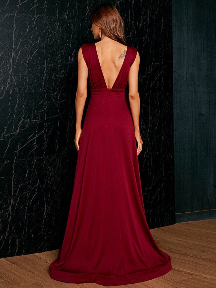 Plunging Deep V Neck Split Maxi Red Prom Dress XH1243 MISS ORD