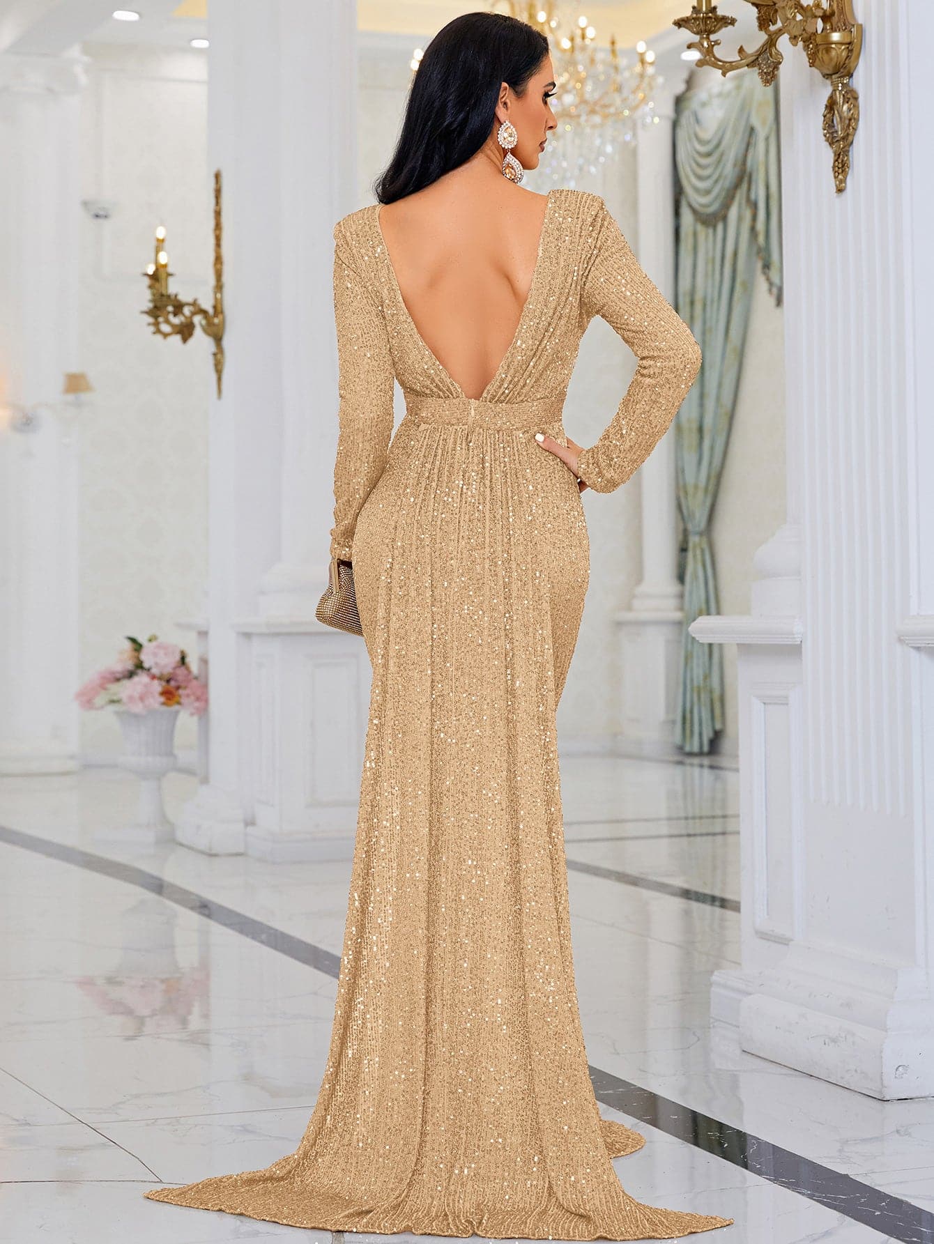 Backless Sequin Mermaid Long Sleeve Golden Prom Dress M02022 MISS ORD