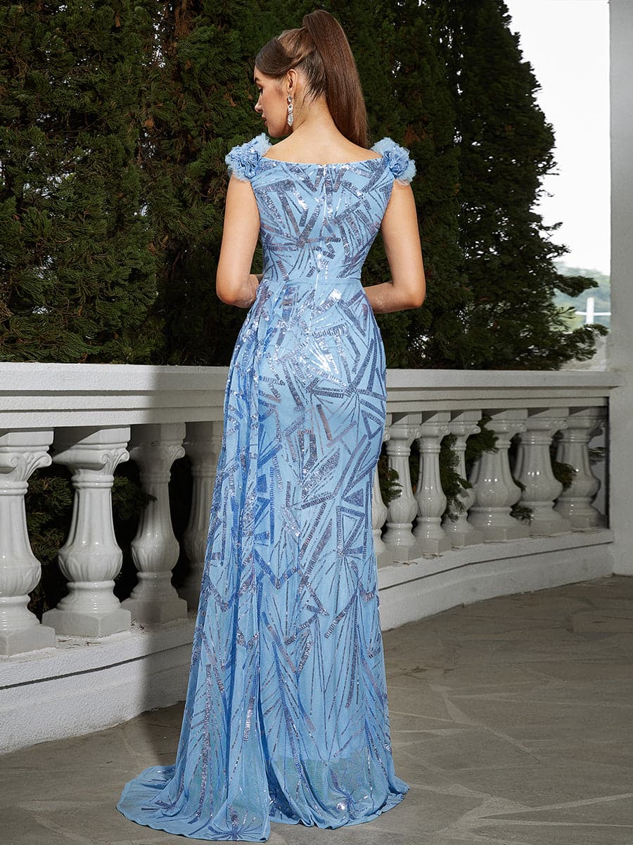 Sleeveless Ribbon Sequin Mermaid Blue Evening Dress M02171 MISS ORD