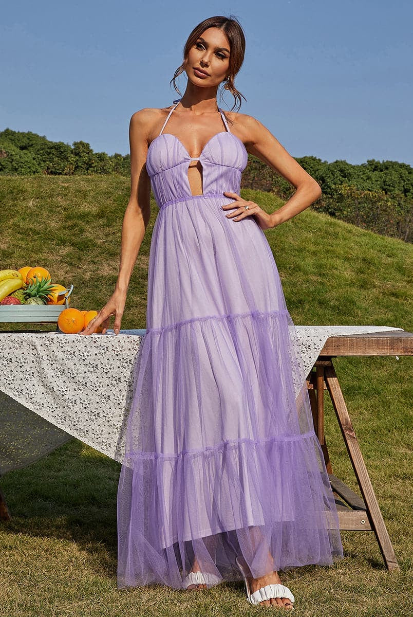 A Line Open Back Long Tulle Purple Vacation Dress M02047 MISS ORD
