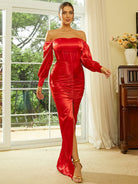 Off Shoulder Ruched Long Satin Black Prom Dress XH1749 MISS ORD
