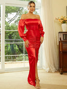 Off Shoulder Ruched Long Satin Black Prom Dress XH1749 MISS ORD