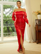 Off Shoulder Ruched Long Satin Black Prom Dress XH1749 MISS ORD