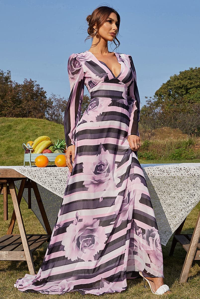 A Line Floral Print Long Chiffon Dress XH1775 MISS ORD