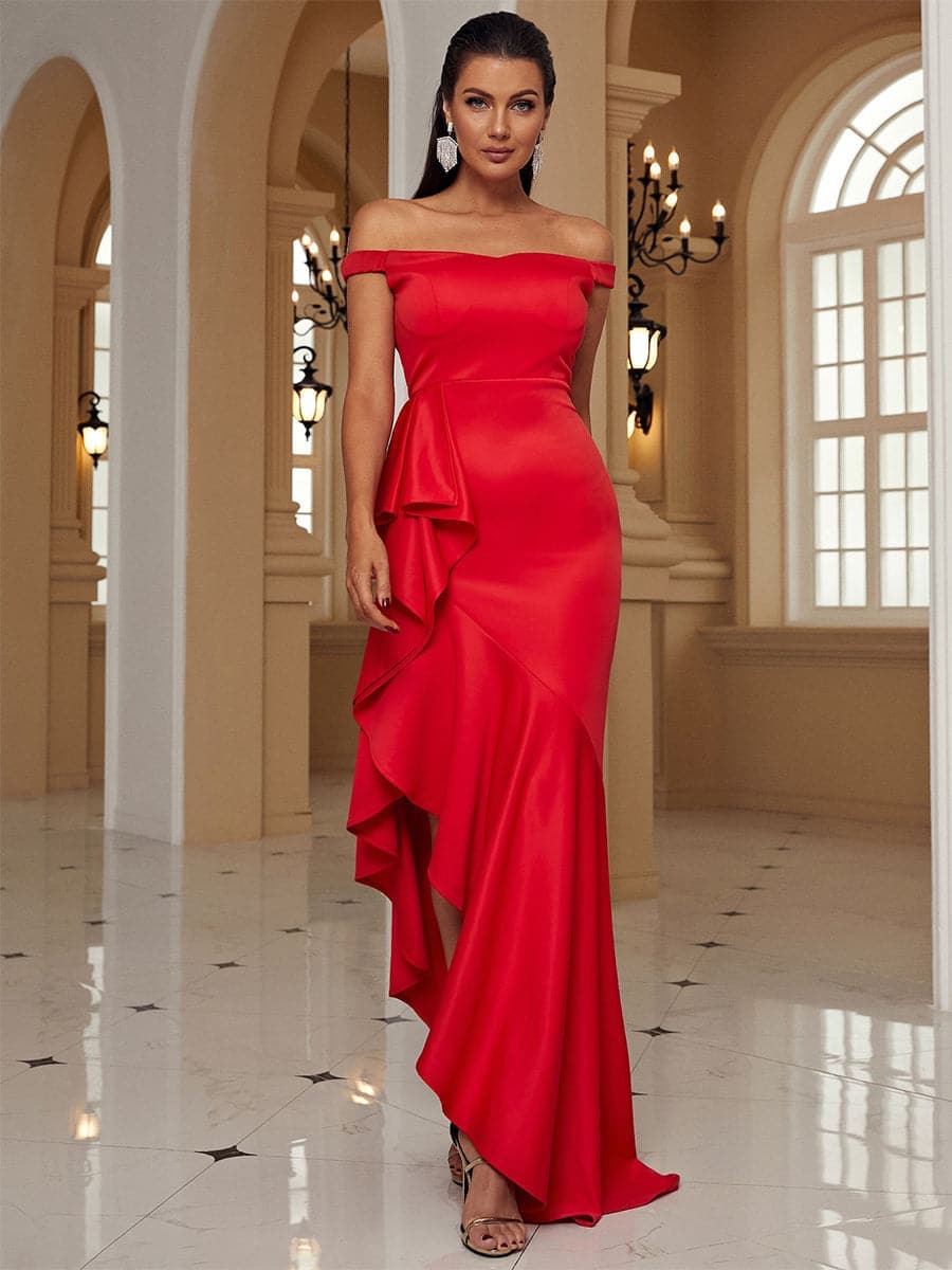 Asymmetric Off Shoulder Satin Red Long Prom Dress XJ1640 MISS ORD