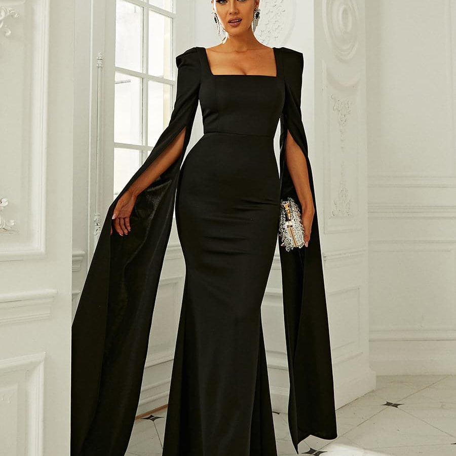 Formal Square Neck Long Sleeve Black Prom Dress XJ878