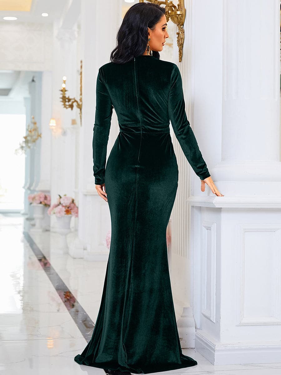 Long Sleeve Velvet Elegant Green Evening Dress XJ940