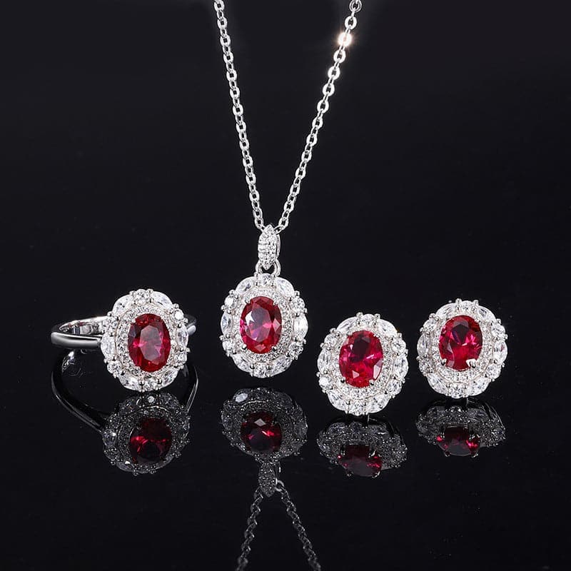 925 Silver Oval Imitation Ruby Necklace&Ring&Earring Set MSN110813 MISS ORD