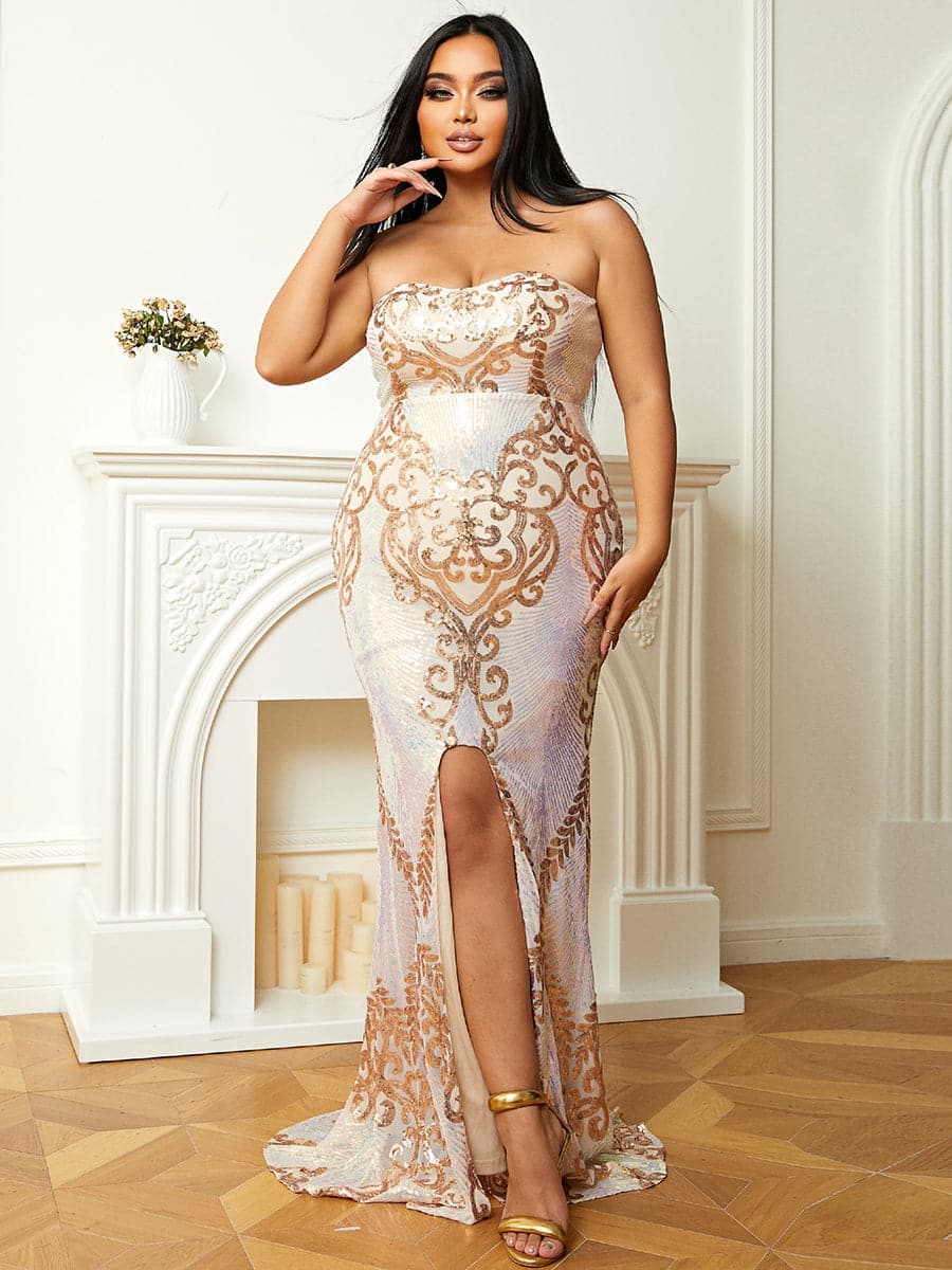 Plus Size Strapless Mermaid Apricot Sequin Formal Dress PJM106L MISS ORD
