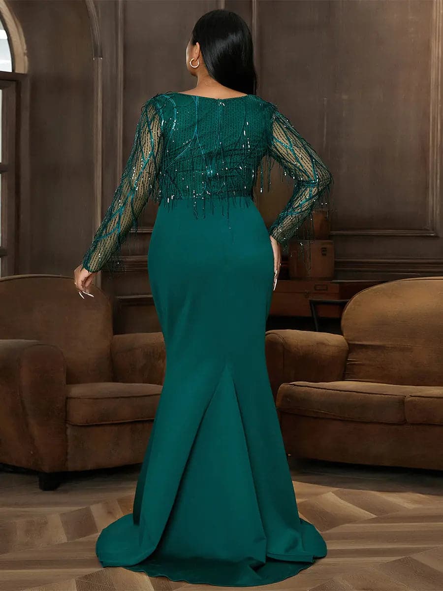 Long Sleeve Fringed Sequin Green Evening Dress PJMT1103