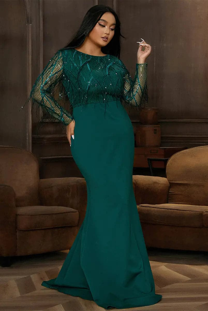 Long Sleeve Fringed Sequin Green Evening Dress PJMT1103