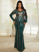 Plus Size V Neck Backless Sequin Maxi Black Prom Dress PM02093