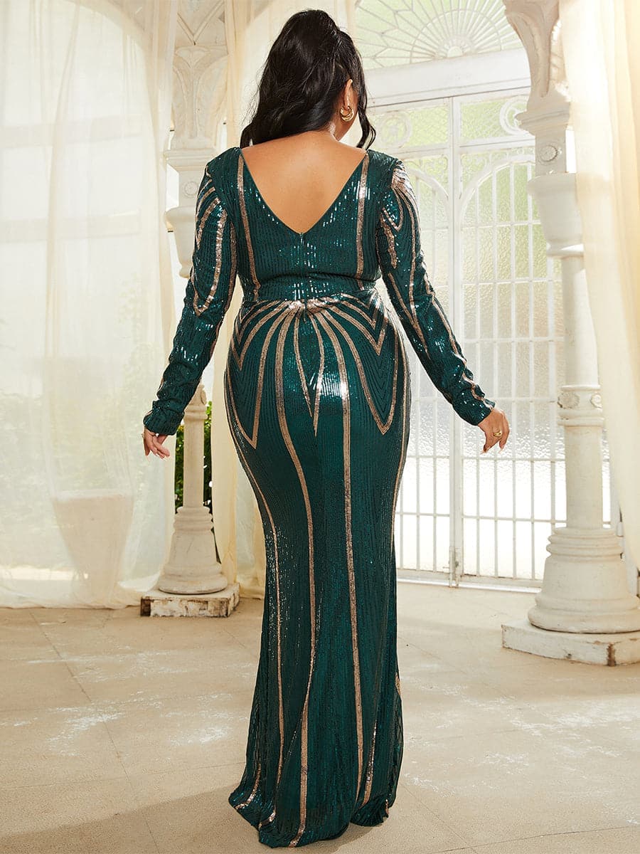 Plus Size V Neck Backless Sequin Maxi Black Prom Dress PM02093