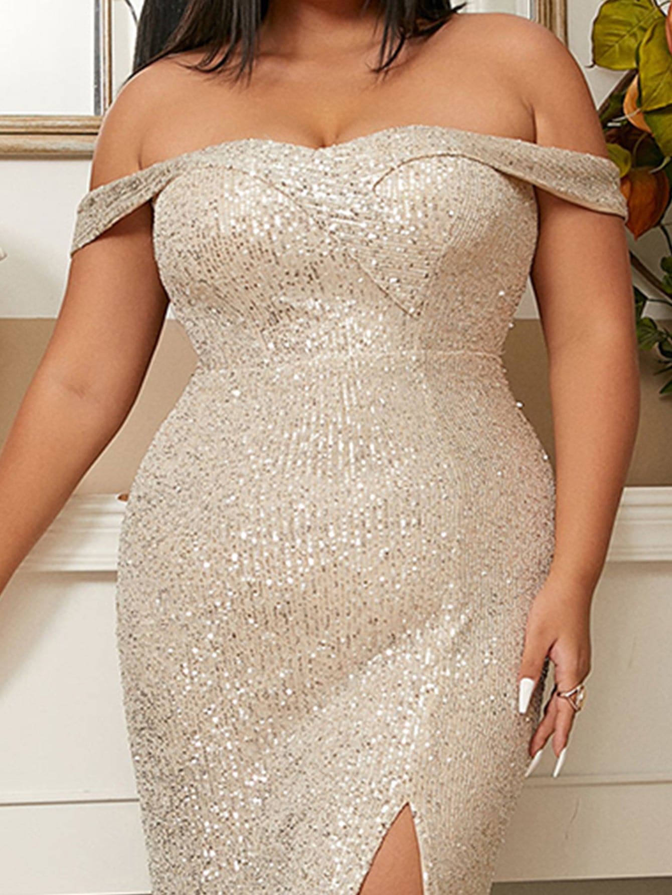 Plus Size Sweetheart Off Shoulder Sequin Apricot Gown PXH2051 MISS ORD