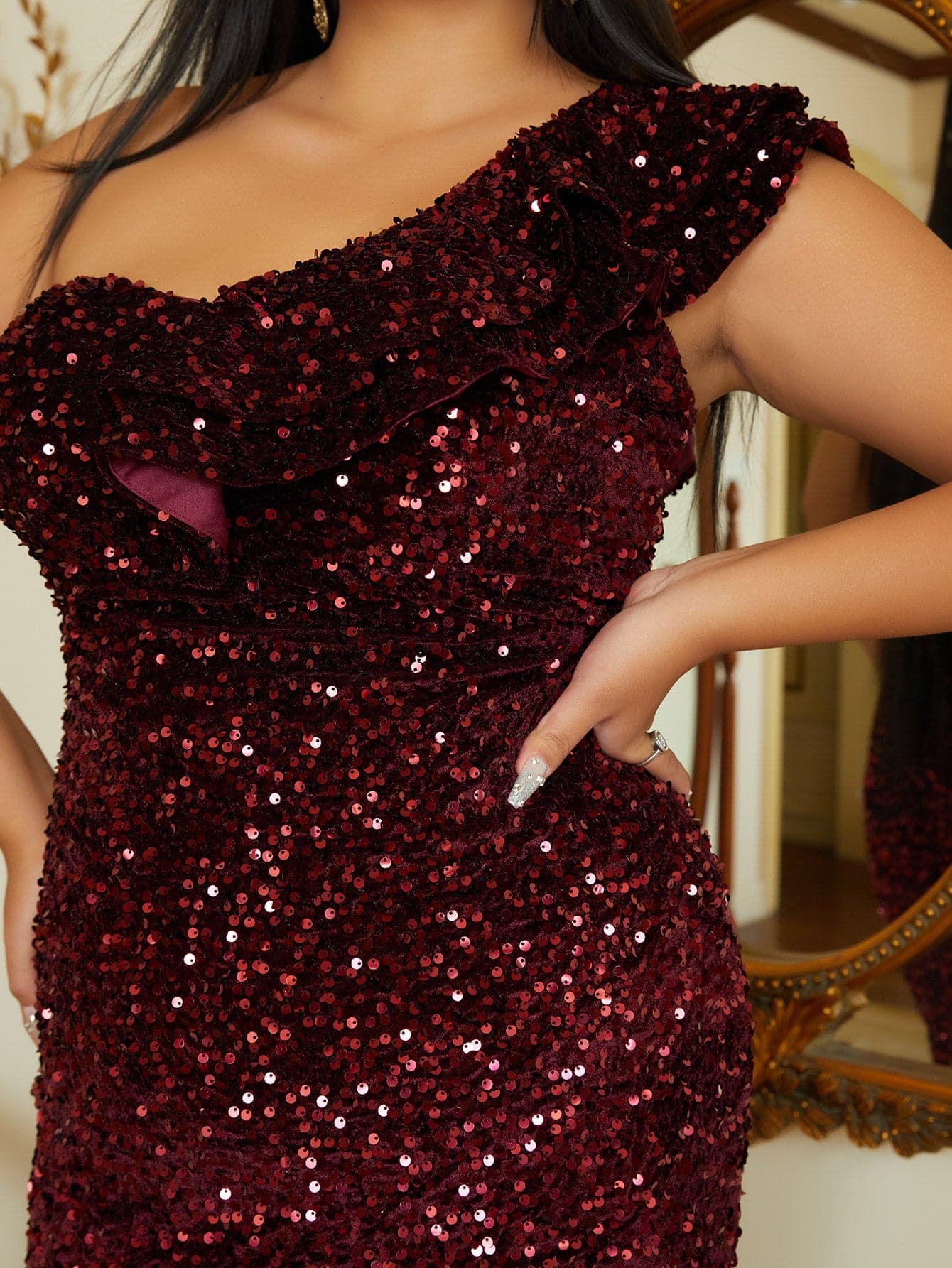 Plus Size One-Shoulder Ruffled Sequin Burgundy Prom Dress PXH2070 MISS ORD