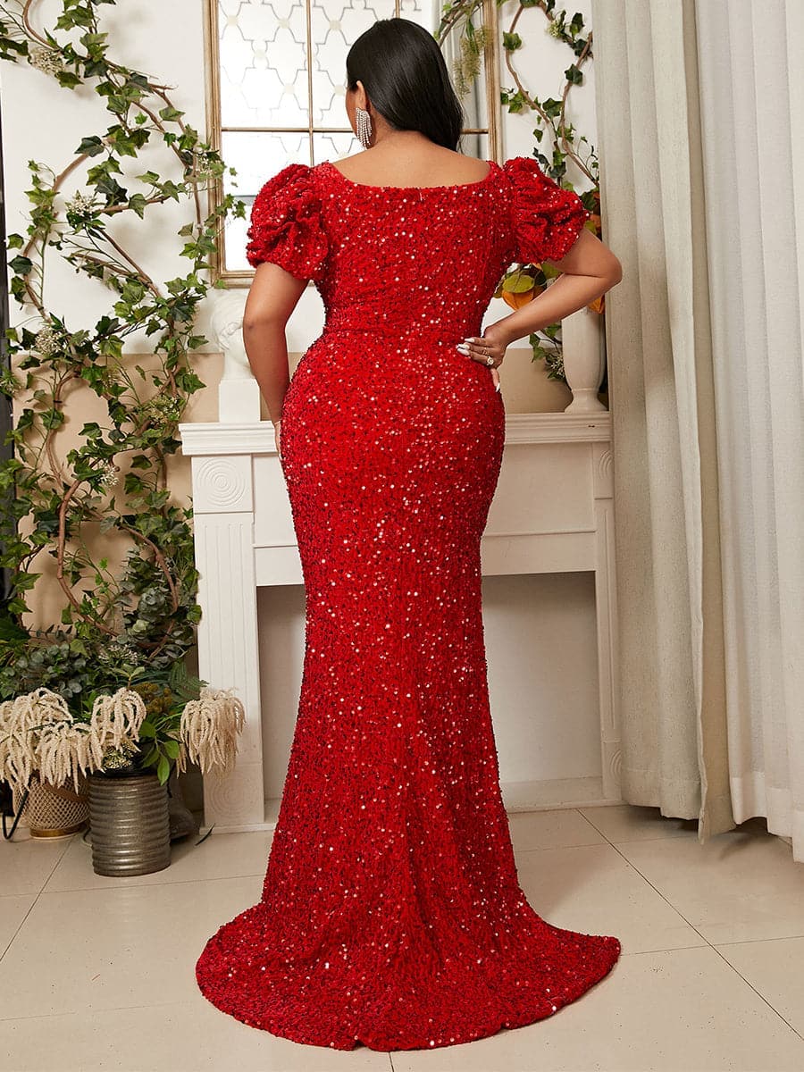 Plus Size Square Neck Puff Sleeve Sequin Red Evening Dress PXH2084 MISS ORD