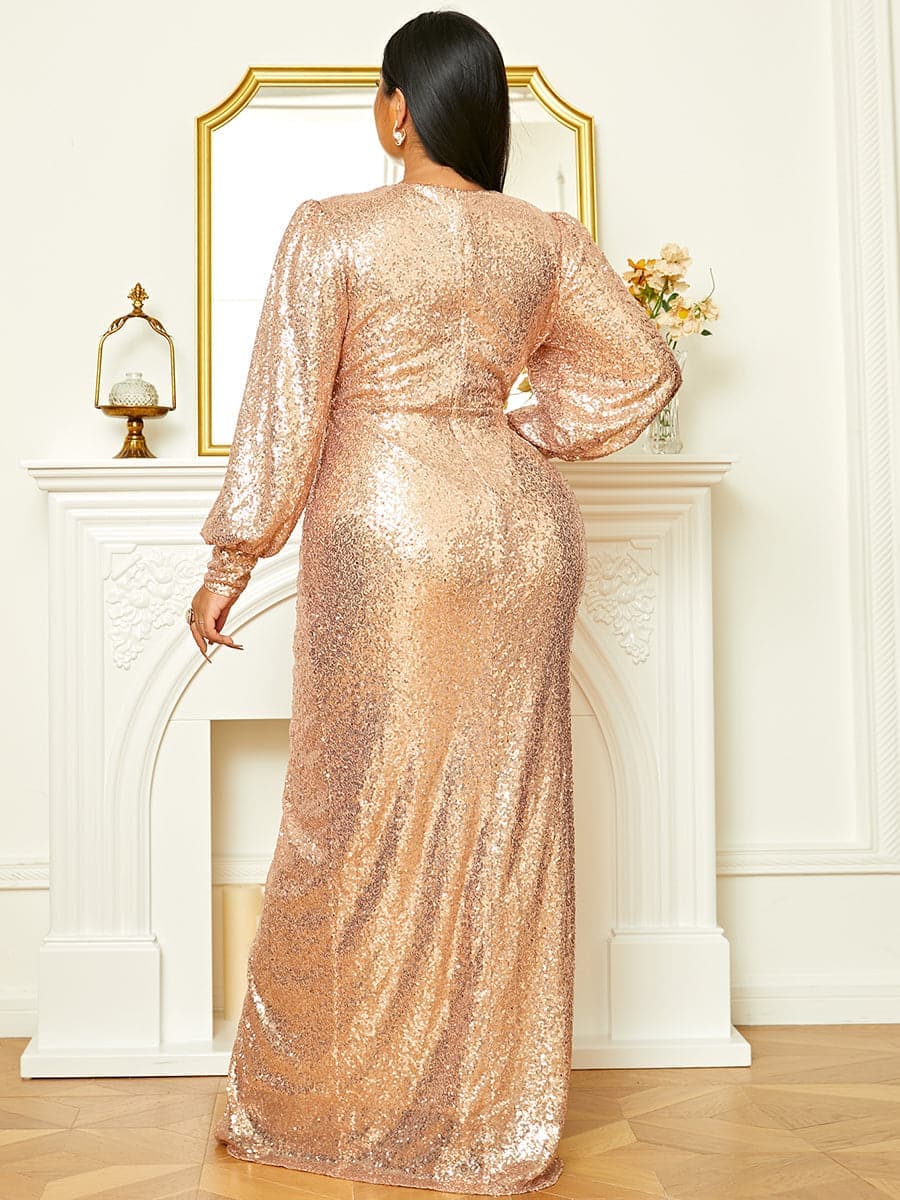 Plus Size Deep V Neck Sequin Maxi Golden Formal Dress PXH2263 MISS ORD
