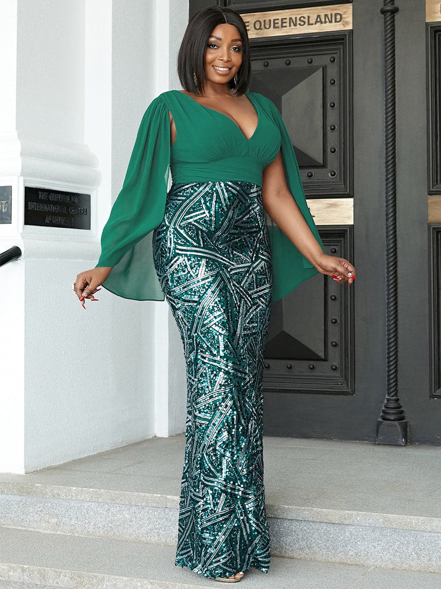 Plus Size V Neck Slit Sleeves Sequin Green Gown Dress PXH2285 MISS ORD