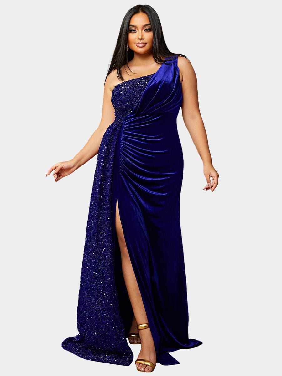 Plus Size One Shoulder Draped Sequin Burgundy Prom Dress PXH2356 - Blue / 3XL Plus Size One Shoulder Draped Sequin Burgundy Prom Dress PXH2356 - Blue / 3XL