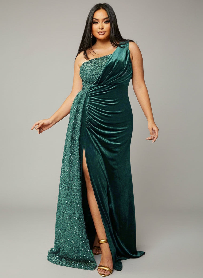 Plus Size One Shoulder Draped Sequin Burgundy Prom Dress PXH2356 - MISS ORD