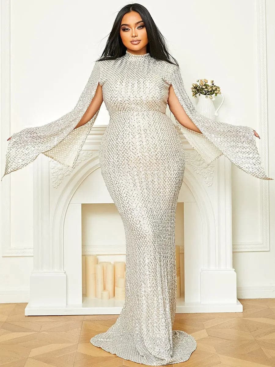 Glitter Bell Sleeve Elegant Mermaid Prom Dress XJ1263