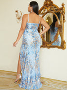 Plus Size Spaghetti Strap Split Sequin Blue Prom Dress PXJ1465 MISS ORD