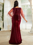 Plus Size Mesh Sleeve Velvet Wine Prom Dress PXJ1773 MISS ORD