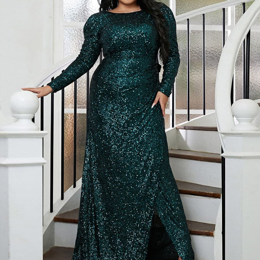Plus Size Open Back Sequin Floor Length Green Prom Dress PXL054 MISS ORD