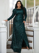 Plus Size Open Back Sequin Floor Length Green Prom Dress PXL054 MISS ORD
