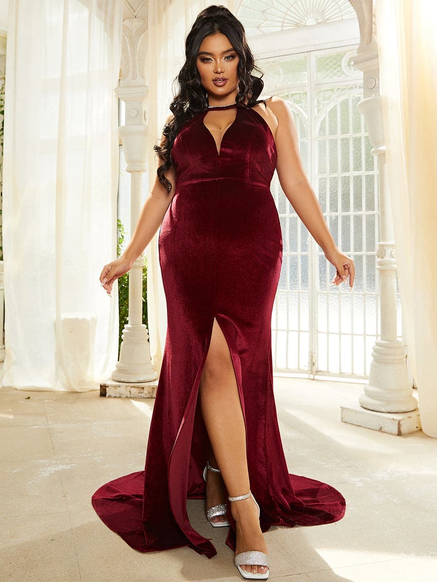 Plus Size Open Back Halter  Burgundy Velvet Maxi Prom Dress PXL083 MISS ORD