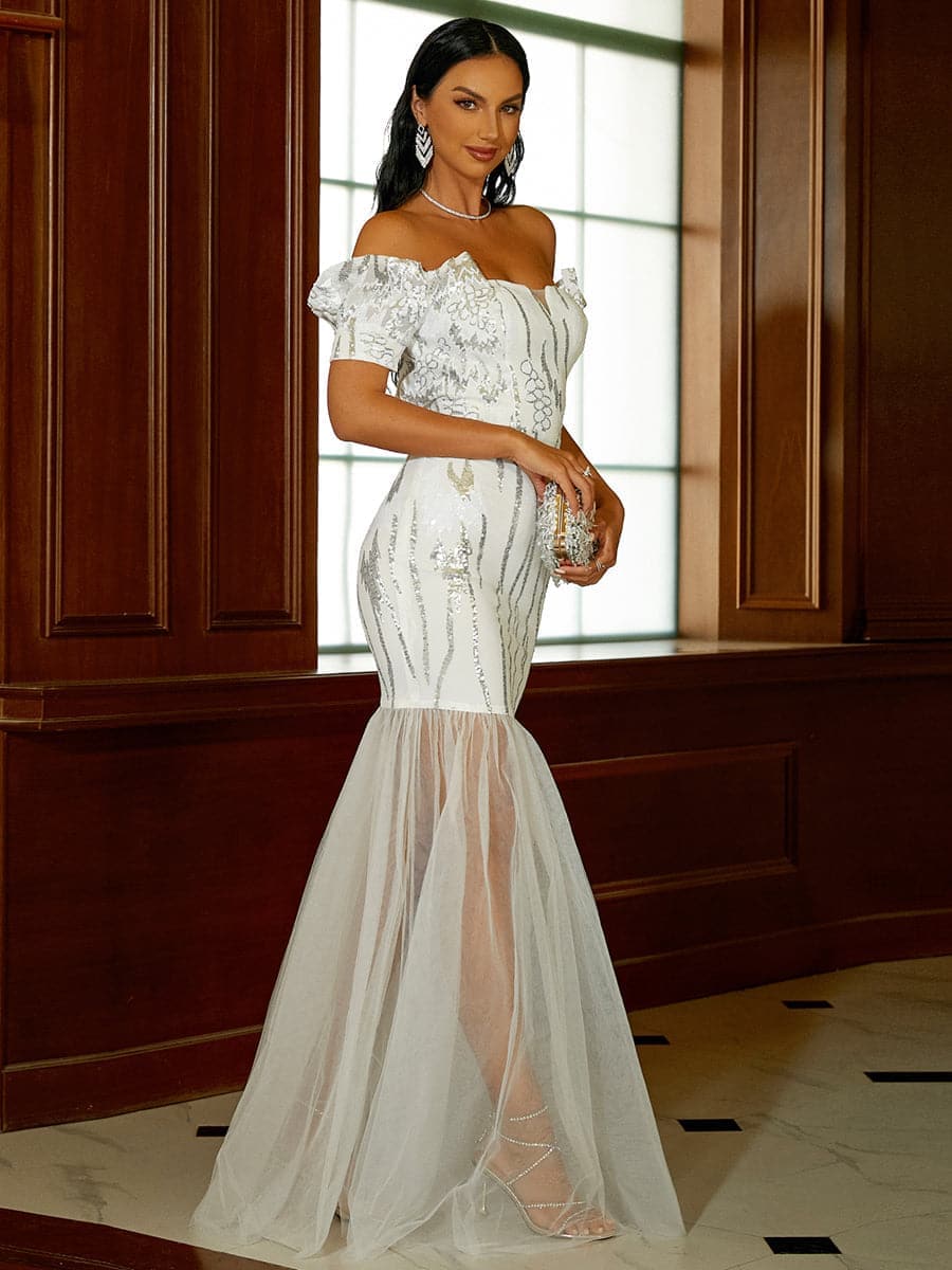 MISSORD Off Shoulder Panel Sequin Wedding Dress