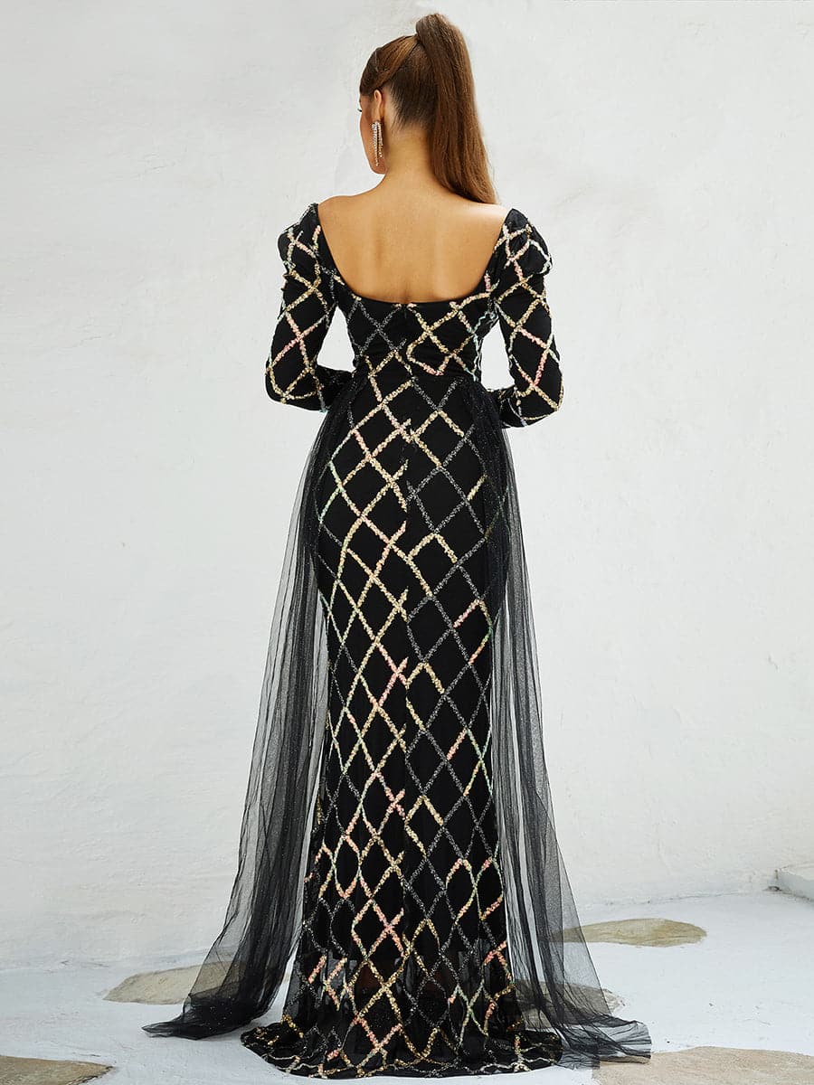 Sweetheart Collar Mesh Draped Sequin Black Evening Dress XH2292 MISS ORD