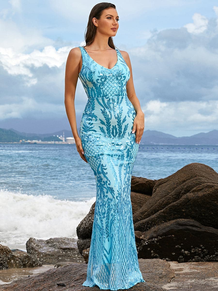 V-Neck Sleeveless Blue Sequin Mermaid Formal Dress XJ1859 MISS ORD
