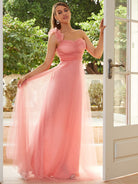 One Shoulder Sleeveless Floor Length Pink Tulle Dress XJ2042 MISS ORD