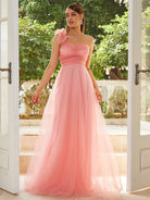 One Shoulder Sleeveless Floor Length Pink Tulle Dress XJ2042 MISS ORD