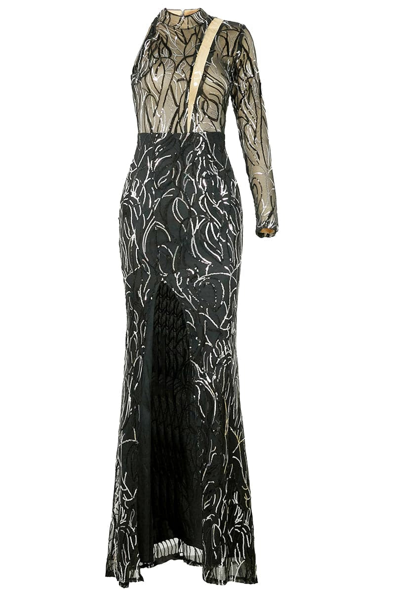 Mock Neck Cut Out Sequin Prom Dress Black XJ273