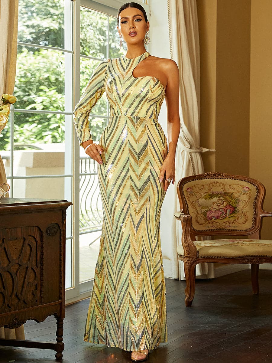 Backless One Shoulder Satin Multicolor Maxi Prom Dress XH2257
