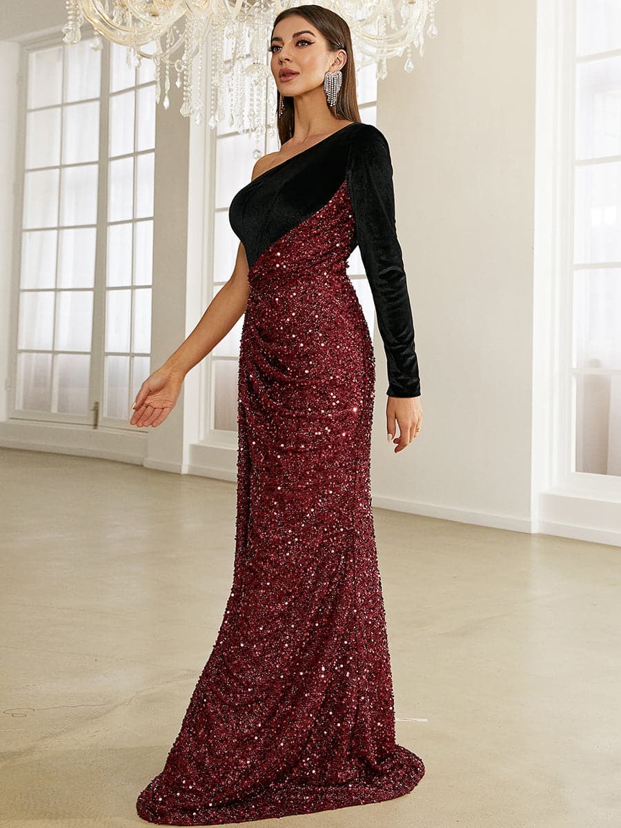 One Off Shoulder Long Sleeve Velvet & Sequin Prom Dress XH2265 MISS ORD