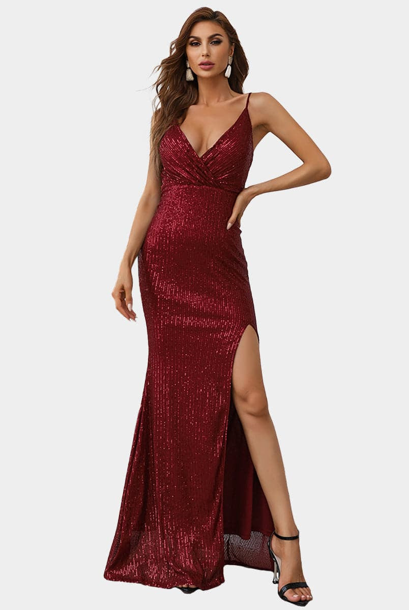 Deep V-Neck Sequins Red Maxi Cami Dress M01224 MISS ORD