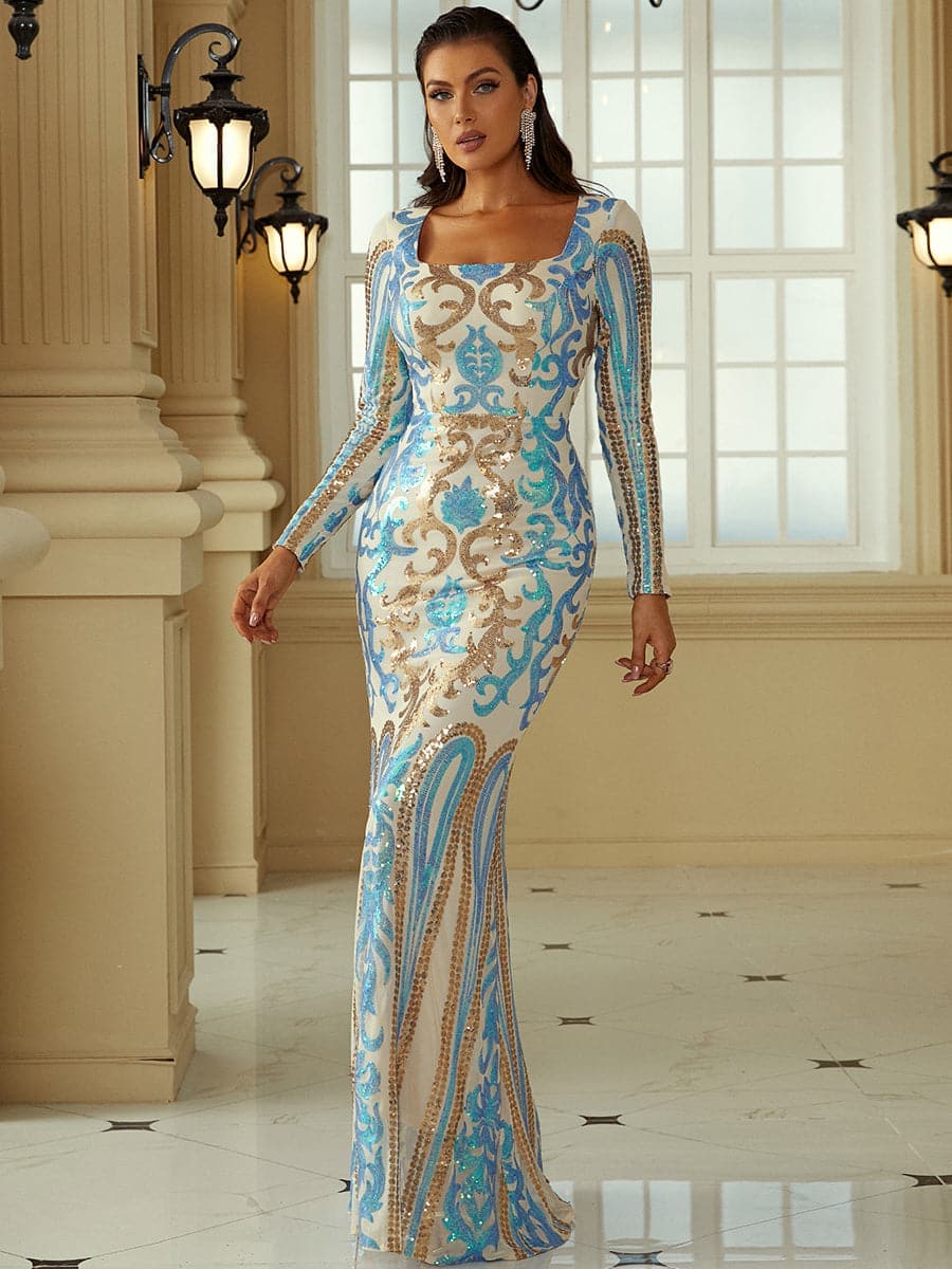 Square Neck Long Sleeve Multicolor Sequin Evening Dress XH2198