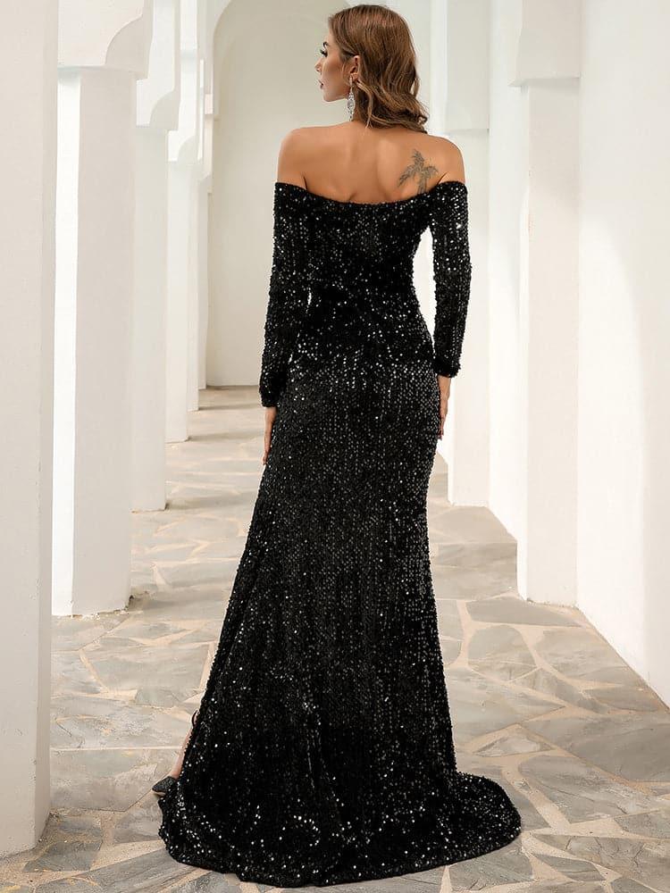 Off Shoulder Mesh Insert Split Sequin Prom Dress M0806 - MISS ORD