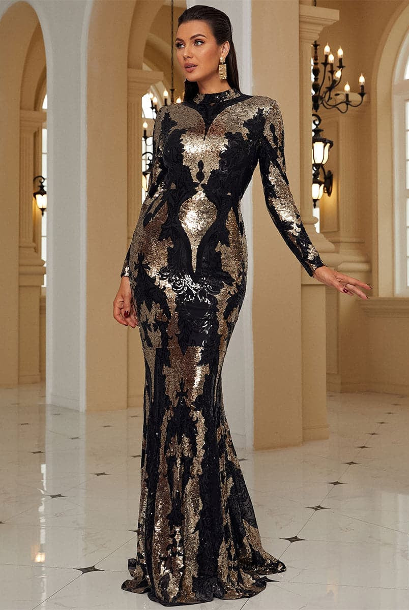 High Neck Long Sleeves Floor Length Sequin Black Prom Dress XJ1579