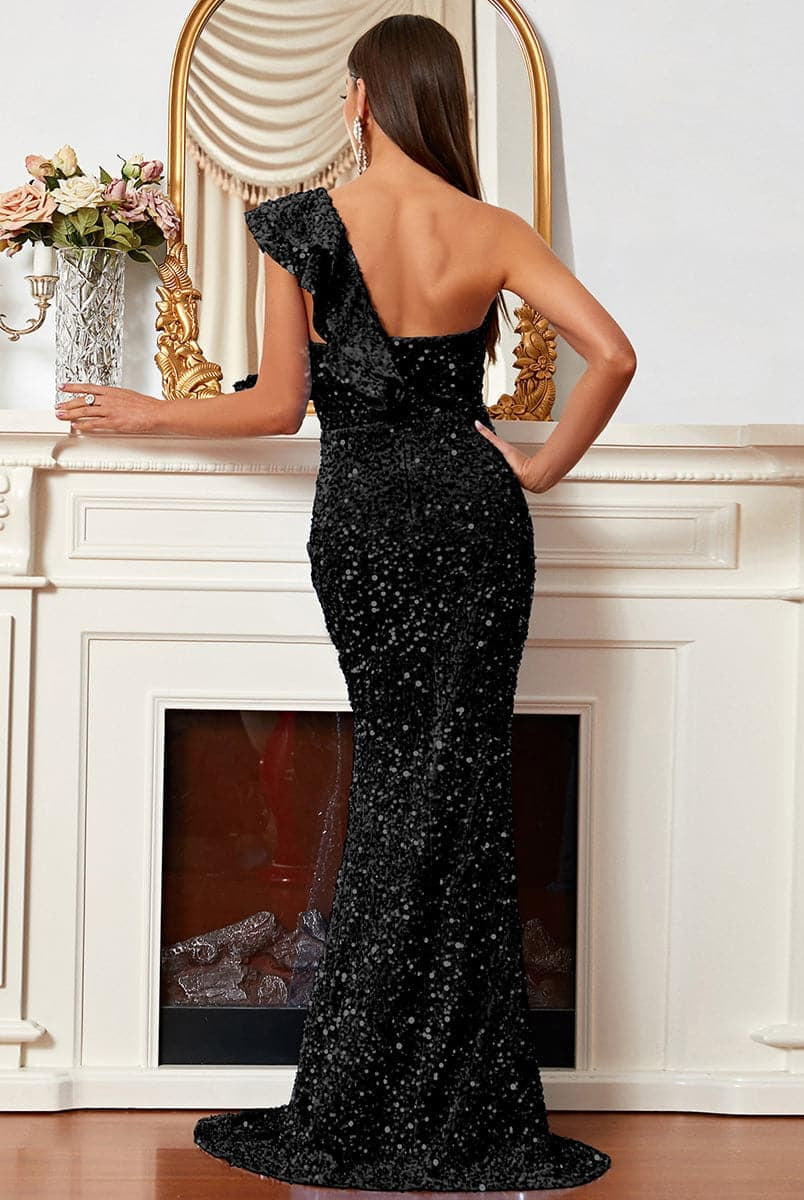 One-Shoulder Ruffled Sequin Prom Dress XH2070