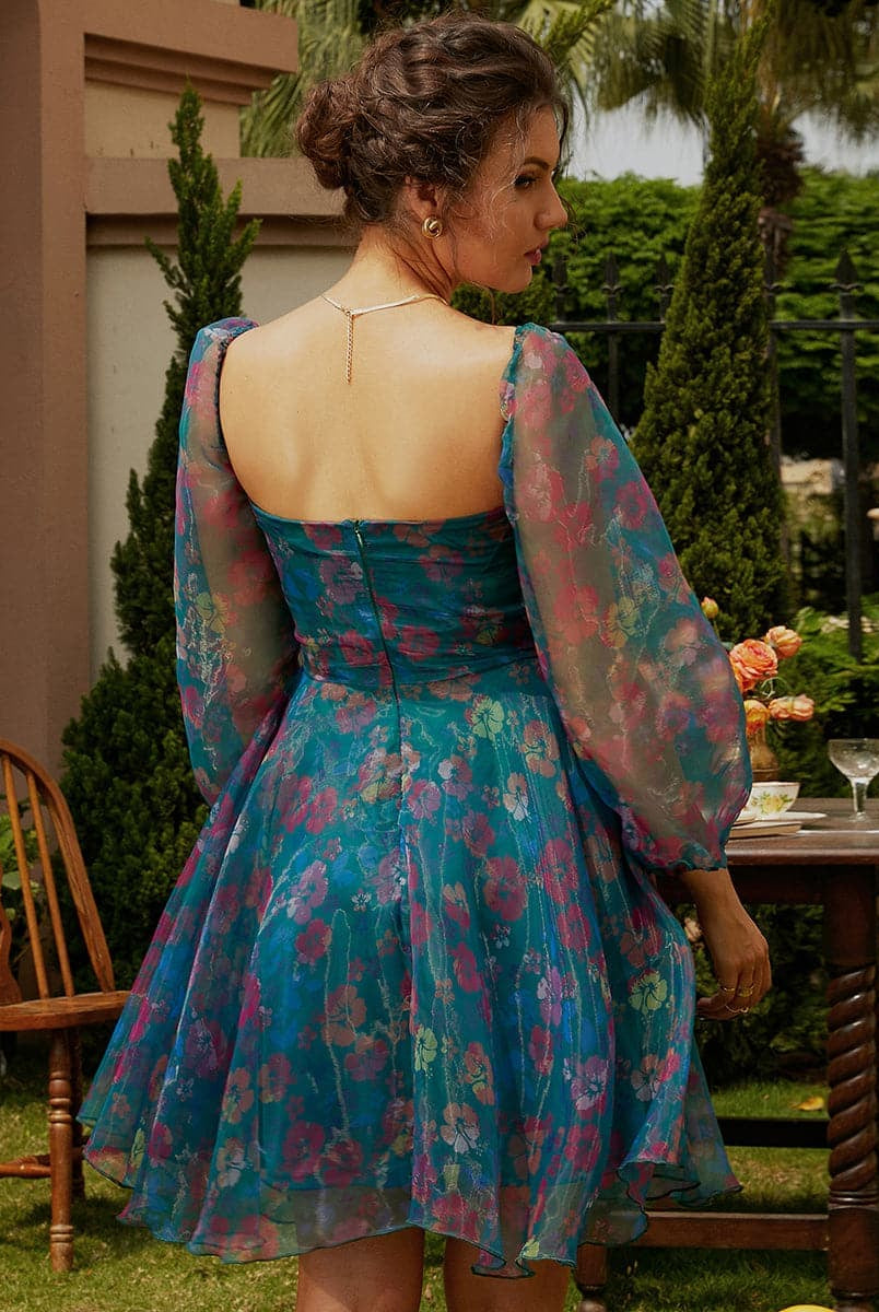 Floral Lantern Sleeve Mesh Print Mini Tulle Prom Dress XH1881 MISS ORD