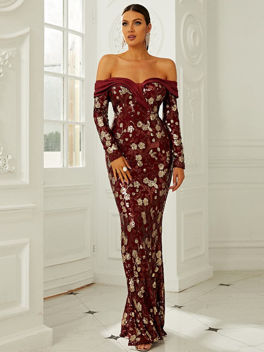 Sequin Floral Pattern Off Shoulder Floor Length Formal Dress XH2192 MISS ORD